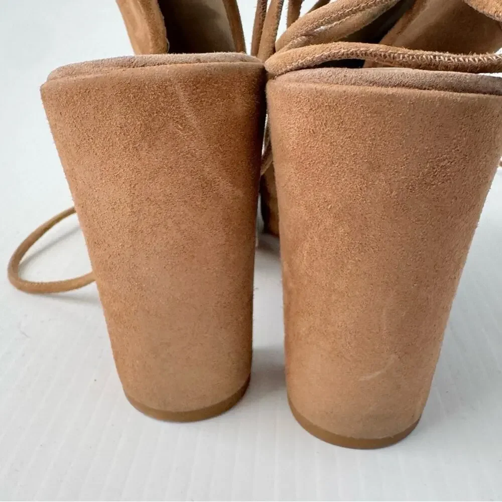Kenneth Cole New York Delila lace up block heeled peep toe suede tan size 7.5